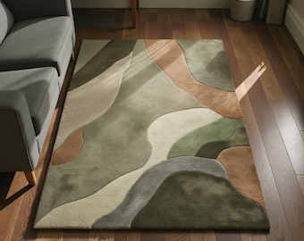 Carpette aux tons ocre moderne et abstrait | Tapis contemporain texturé | Tapis de salon marron et gris | Décoration de sol tendance