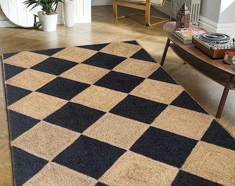 Checkered Jute Rug, Custom Size Runner Rug, Hallway Runner, Boho Jute Rug, Large Jute Rug, Checker Board Rug, Indian Jute Rug