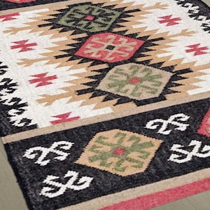 Casavani Handwoven Wool Jute Kilim Rug | Traditional Flatweave Area Rug | Bohemian Home Decor Dhurrie