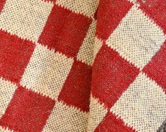 Handwoven Killim Jute Rug – Red Checkered Wool, Eco-Friendly Home Decor