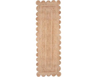 Jute Runner, Natural Jute customized Scalloped Color Border Runner,  Area Rug, Handwoven Jute Rug, Custom Rug, Decorative Rug