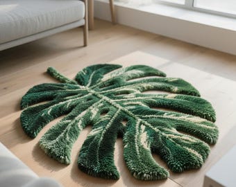 Monstera Leaf Tufted Rug | Handmade Botanical Rug | Green Leaf Area Rug | Tropical Home Decor | Nature Inspired Floor Mat