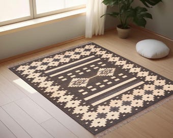 Wool Jute Kilim Rug, Handwoven Jute Rug Flatweave Dhurrie Rug, Bohemian Area Rug, Indian Kilim Carpet, Navajo Custom Rug