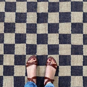 Handmade Black Checker Rug, Jute Kilim Black Checkerboard Rug, Home Decor Black Checkerboard Dhurrie, Custom Area Runner Rug