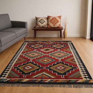Red Kilim Rug, Peruvian Rug Handmade, Vintage Dhurrie Rug, Moroccan Indian Fusion Rug, Navajo Style Rug, Southwestern Jaipur Runner