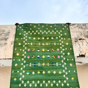 Handmade Cotton Area Flat Weave Rug, Natural Vegetable Dyed, Green And White, Area Rug For Living Room, Bedroom, Home Decor Rug