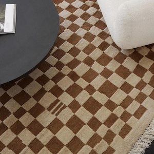 Brown Checkered Moroccan Rug,Brown Beni Ourain Rug, Brown Wool Rug, Handmade Checkerboard Rug, Berber Solid Rug, Moroccan Berber tufted Rug
