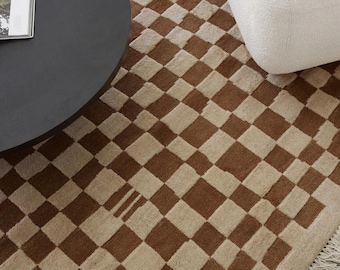 Brown Checkered Moroccan Rug,Brown Beni Ourain Rug, Brown Wool Rug, Handmade Checkerboard Rug, Berber Solid Rug, Moroccan Berber tufted Rug