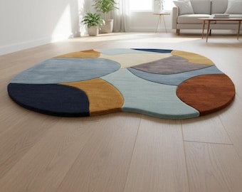 Unregelmäßiger handgetufteter Wollteppich | Retro geometrisches Patchwork