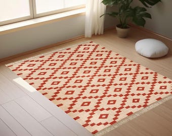 Peruvian Wool Rug, Jute Area Rug, Vintage Kilim Pattern, Handmade Dhurrie Rug, Southwestern Navajo Carpet, Indian Fusion Rug