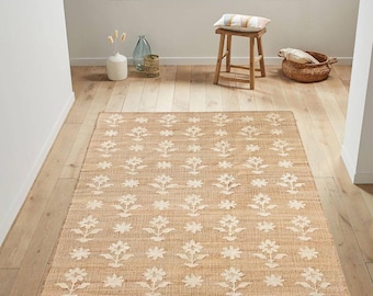 Natural Jute Rug Floral Handwoven Jute Area Rug Bohemian Flower Pattern Carpet Rectangular Living Room Rug Boho Décor Large Custom Size Rug
