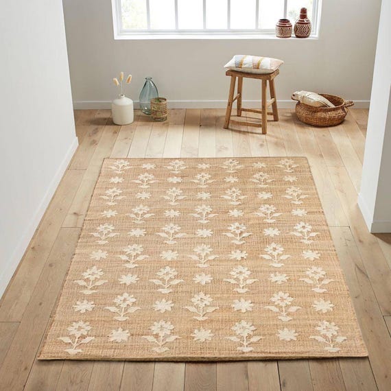Natural Jute Rug Floral Handwoven Jute Area Rug Bohemian Flower Pattern Carpet Rectangular Living Room Rug Boho Décor Large Custom Size Rug