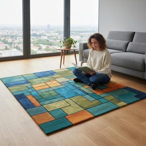 May include: A colorful geometric area rug with a modern design. The rug features a pattern of rectangular shapes in shades of blue, green, and orange. The rug is placed on a hardwood floor in front of a large window.