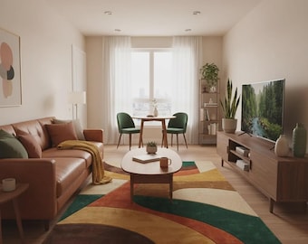 Mid Century Geometrischer Teppich Retro Brauner Teppich | Designer Wohnzimmer Teppich