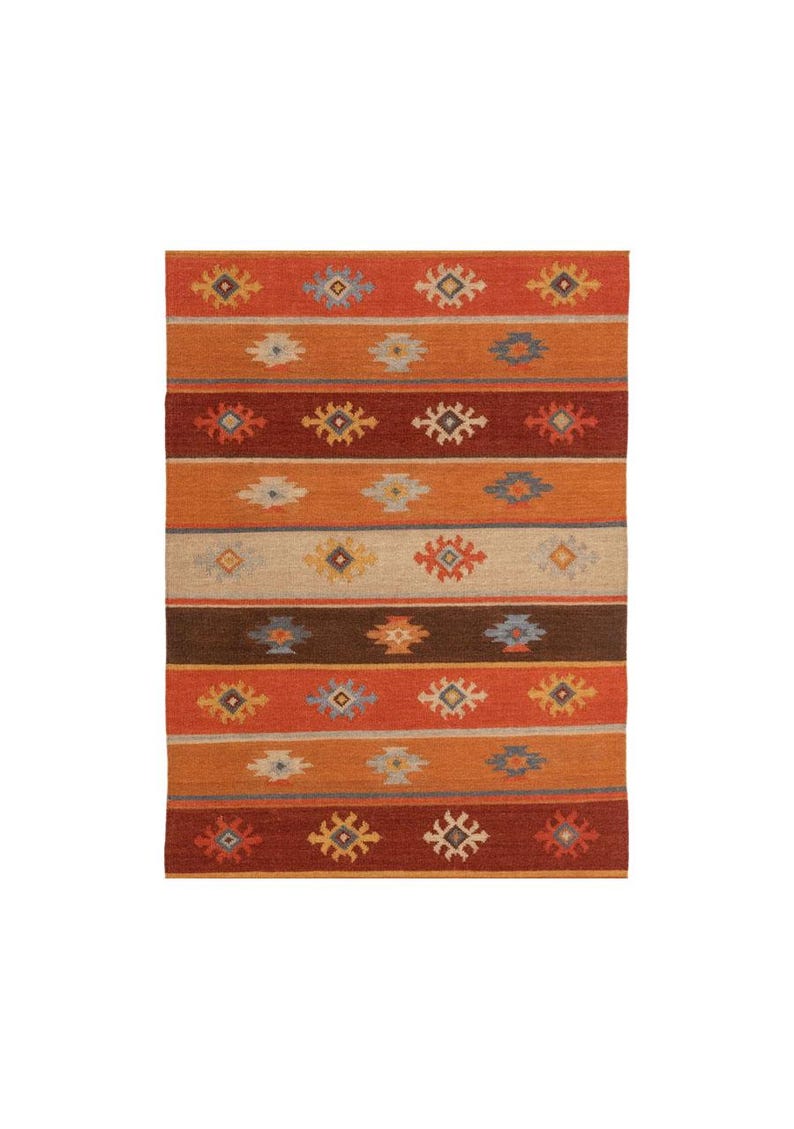 May include: A rectangular rug with a striped pattern in shades of orange, brown, and beige. The rug features repeating geometric designs in various colors, including blue, yellow, and red. The rug is suitable for indoor use.