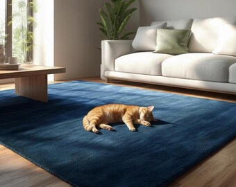 Handgetufteter Wollteppich in Blau - Minimalistischer moderner Teppich, Weicher Wollteppich für Wohnzimmer, Schlafzimmer, modernes Wohndekor