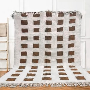 Handmade Moroccan Wool Rug, Modern Berber Beige Rug, Authentic Bohemian Area Rug, 100% Wool Checkered Area Carpet For Home Decor, Bedroom