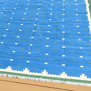 Modern Handmade Cotton Area Flat Weave Rug, Blue Area Rug, Blue Cotton Rug,Hand and Flat Weave panja Dhurrie Rug, Cotton Reversible Rug