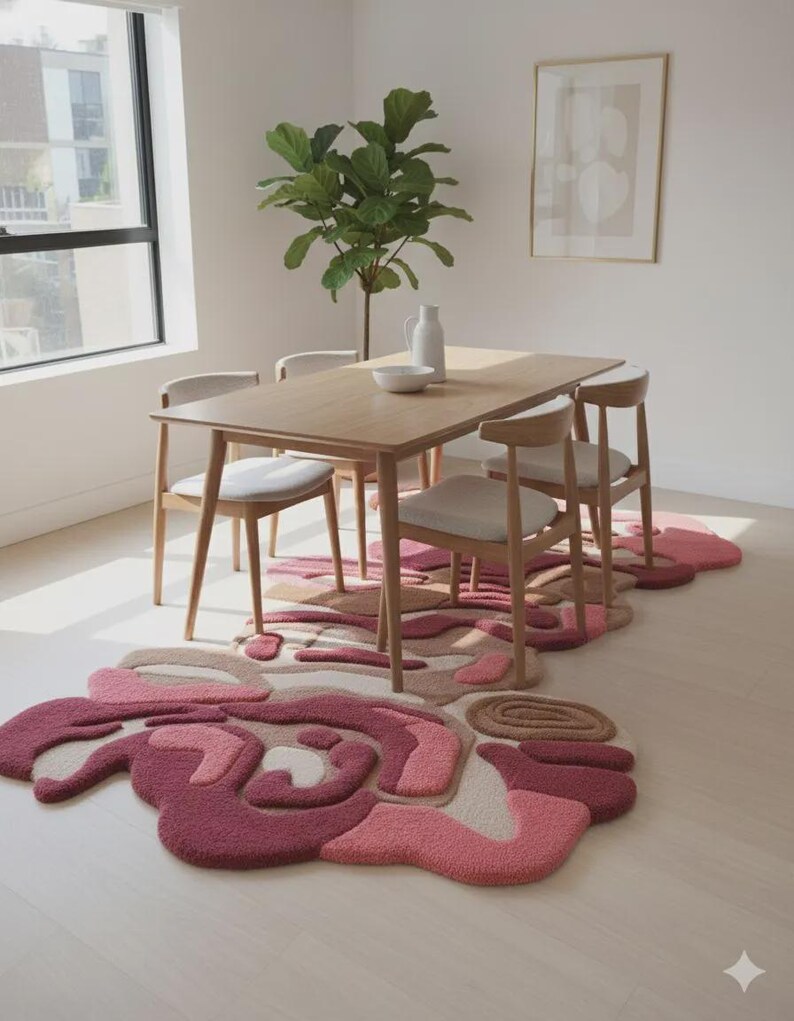 Peut inclure: Une salle &agrave; manger avec une table et des chaises en bois, et un grand tapis abstrait dans les tons de rose, beige et marron. Une plante verte et une &oelig;uvre d'art sont &eacute;galement visibles.