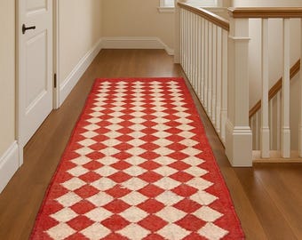 Rood geometrisch loper vloerkleed | Lange loper met ruitpatroon | Wollen jutestijl tapijt | Modern boho vloerkleed | Aangepaste lengte: