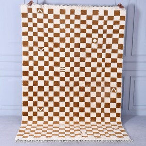Hand Tuffted Brown Checkered Moroccan Rug Brown Checkered Wool Rug For Living Room |  Home Decor Christmas Gift, Custom Moroccan Area Carpet