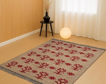 Jute Cotton Rug, Beige Boho Rug, Handwoven Floral Rug, Red Flower Area Rug, Natural Nordic Rug, Moroccan Style Rug, Bohemian Decor Rug