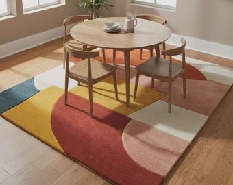 Bunter Wollteppich | Mid Century Modern Geometrische Color Block | Zeitgenössischer Teppich