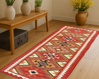 Handmade Wool Jute Kilim Runner Rug for Living Room | Boho Flat weave Dhurrie Carpet | Artisan Wool-Jute Kilim Runner | Handmade Boho Rug