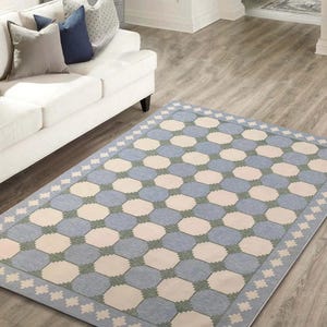 Modern Handwoven Cotton Area Rug – Geometric Flat Weave Kilim, Soft Pastel Blue & Beige, Reversible Dhurrie, Eco-Friendly 8x10 ft