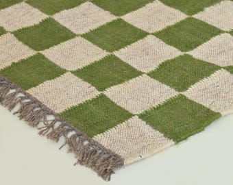 Kilim Juteteppich, Wollteppich für Schlafzimmer, Wohnzimmer, Essbereich, Grüner karierter Teppich, Teppichläufer, Kostenlose Lieferung