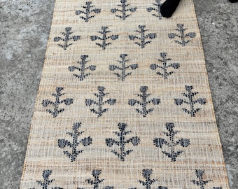 Handmade Natural Jute Cotton Rug – Boho Flower Design, Bohemian Cotton Area Rug, Rustic Farmhouse Home Decor