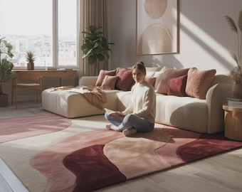 Handgetufteter moderner Bereichsteppich, Geometrisches Design in weichem Blush, Bunter Teppich für Wohnkultur