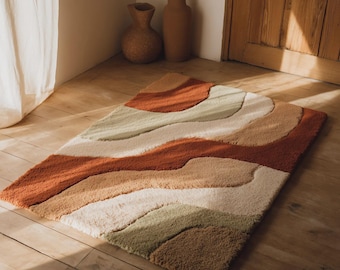 Handgefertigter Teppich aus Wolle - Moderner, gewellter Teppich in Erdtönen | Boho Zeitgenössischen Wohnzimmer Teppich