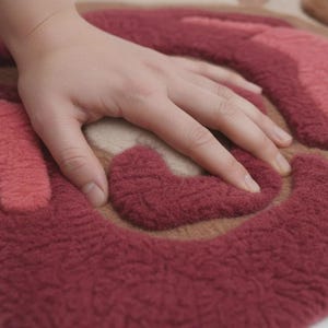 Peut inclure: Gros plan sur un tapis au design abstrait textur&eacute;. Le tapis pr&eacute;sente un motif tourbillonnant dans des tons de rouge, de rose et de beige. La texture douce et moelleuse est visible, avec une main pos&eacute;e sur la surface.