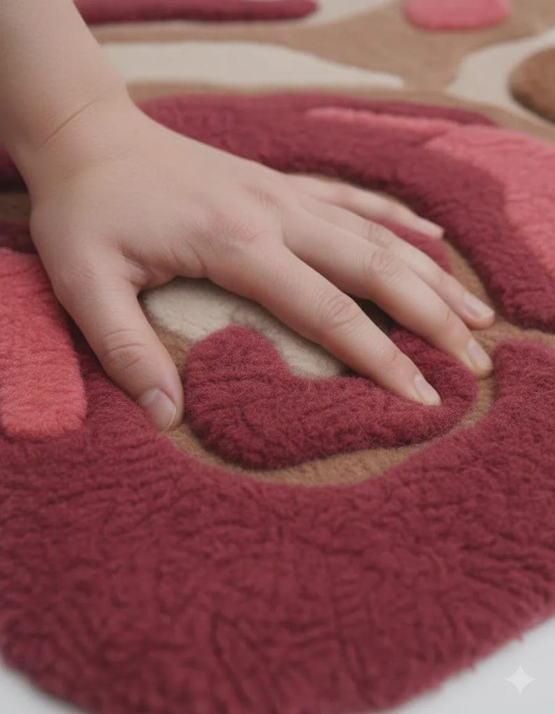 Peut inclure: Gros plan sur un tapis au design abstrait textur&eacute;. Le tapis pr&eacute;sente un motif tourbillonnant dans des tons de rouge, de rose et de beige. La texture douce et moelleuse est visible, avec une main pos&eacute;e sur la surface.