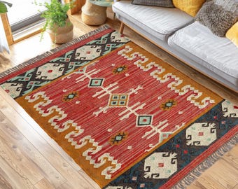 Alfombra Kilim tejida a mano, Alfombra de yute de lana, Alfombra Dhurrie multicolor, Alfombra de yute vintage, Alfombra de área con flecos, Alfombra de decoración boho, Alfombra de tamaño personalizado