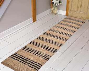 Alfombra de pasillo de rayas negras / Alfombra de pasillo de yute tejida a mano / Alfombra de estilo rústico moderno / Decoración bohemia neutra