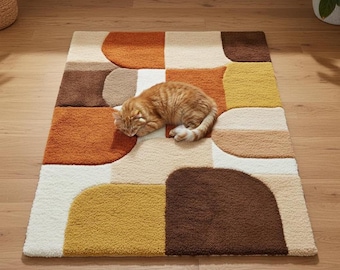 Tapis à poils longs géométrique Mid Century Retro Carpe marron orange moutarde | Tapis de salon design