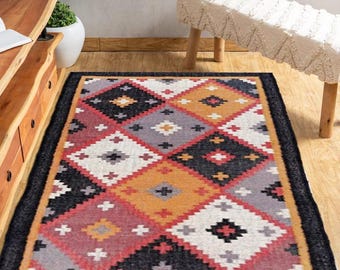 Wool Jute Kilim Rug, Handmade, Wool and Jute Rug Handwoven, Kilim Dhurrie Rug, Outdoor/Indoor Rug, Bedroom Rug, wool jute Kilim Rug.