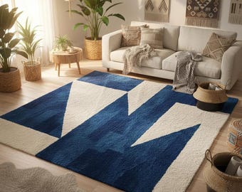 Geometrischer Teppich in Blau, Handgetufteter moderner Teppich, Weicher mehrfarbiger Teppich für Haus & Kinderzimmer