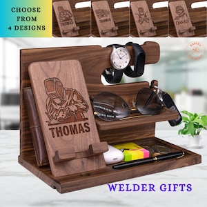 Welder Gifts for Welder Mechanic on Wedling Month. Personalized Welding Gift for Welder. Custom Men Charging Station with Welder Silhouette