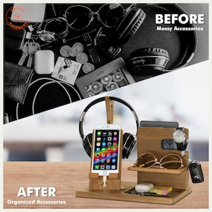 May include: A wooden organizer for accessories, featuring a phone stand, headphone holder, watch holder, sunglasses holder, and a small tray. The organizer is made of natural wood and has a rustic look. The text "BEFORE Messy Accessories" and "AFTER Organized Accessories" is visible in the image.