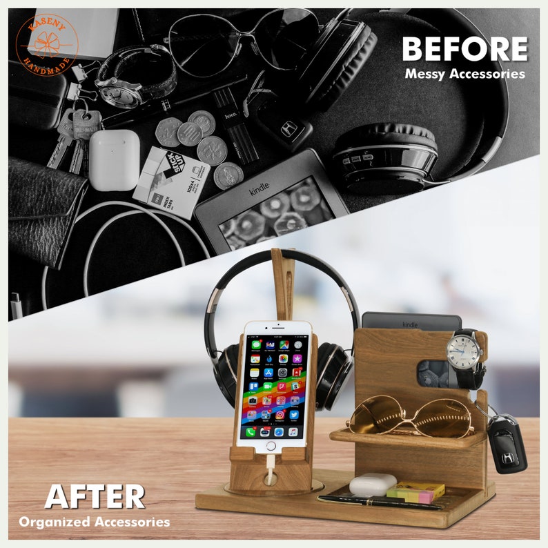 May include: A wooden organizer for accessories, featuring a phone stand, headphone holder, watch holder, sunglasses holder, and a small tray. The organizer is made of natural wood and has a rustic look. The text "BEFORE Messy Accessories" and "AFTER Organized Accessories" is visible in the image.