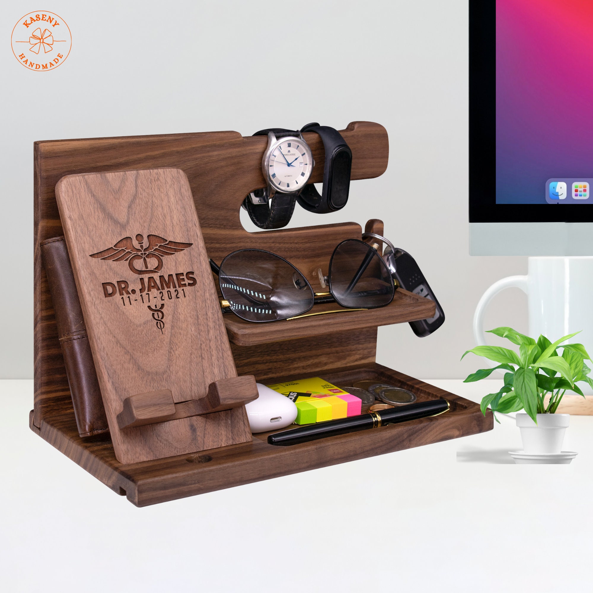Personalized Walnut Desk Organizer Gift For Doctor Or Nurse - Handmade Nightstand Caddy With Charging Slot - View #8