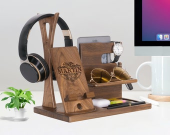 Gift for Men Friend - Unique Phone Stand, Headphone Hanger, Key Holder, Glasses Station - Personalized Gift Idea on Birthday Fathers Day