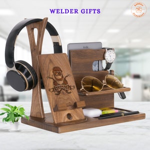 Personalized Welder Gifts for Welder Mechanic, Men Gifts for Welding. Custom Phone Stand with Welder Helmet Welder Gloves for Welding Month