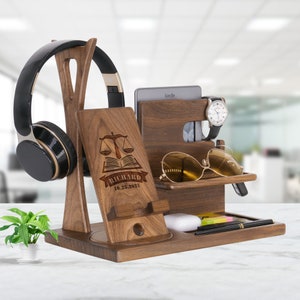 Personalized Lawyer Desk Gift with Justice Scales Symbol & Book. Unique Headset Stand for Attorney Judge on Graduation, Birthday, Christmas