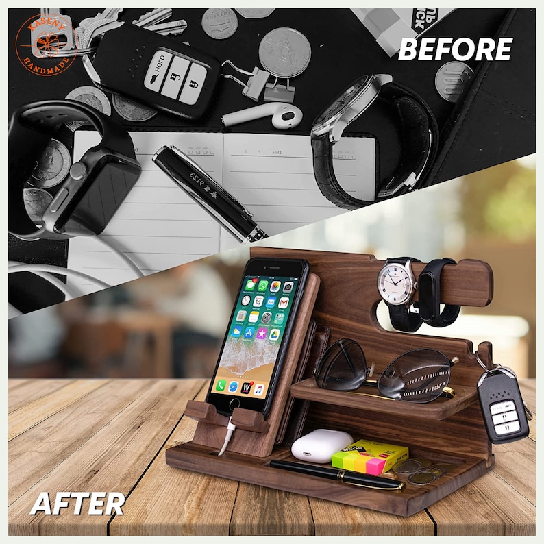 May include: A wooden desk organizer with a phone stand, watch holder, and sunglass shelf. The organizer holds a smartphone, two watches, sunglasses, keys, and other small items. The organizer is made of dark wood and sits on a wooden surface.