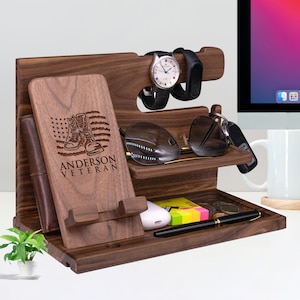 Custom Gift for Veteran with Combat Boots & American Flag. Personalized Docking Station for Soldiers to Keep All Personal Items Organized