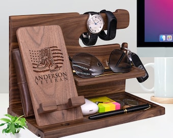 Custom Gift for Veteran with Combat Boots & American Flag. Personalized Docking Station for Soldiers to Keep All Personal Items Organized